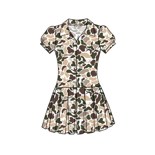 ( Moq 5 ) Preorder Baby Girls Short Sleeves Dogs Ducks Deer Camo Zipper Yoga Knee Length Dress