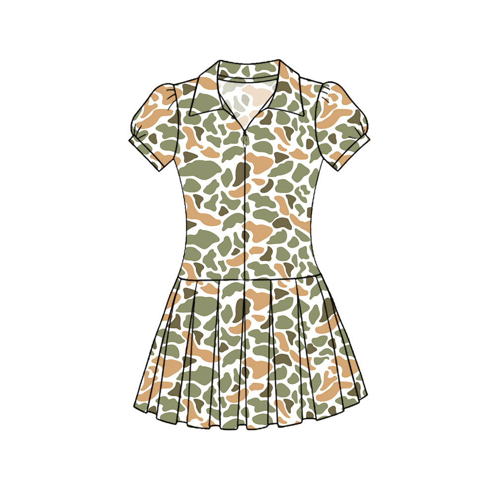 ( Moq 5 ) Preorder Baby Girls Short Sleeves Orange Green Camo Zipper Yoga Knee Length Dress