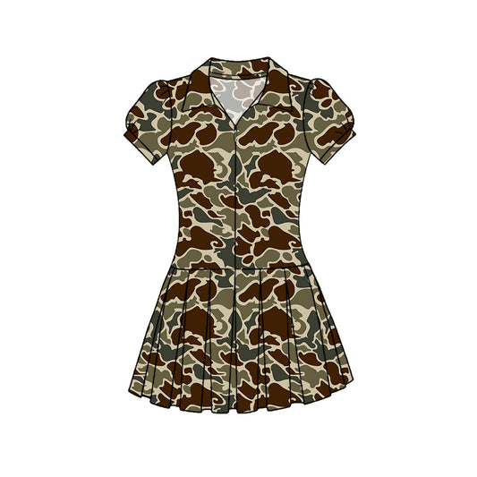 ( Moq 5 ) Preorder Baby Girls Kids Short Sleeves Camo Zipper Yoga Knee Length Dress