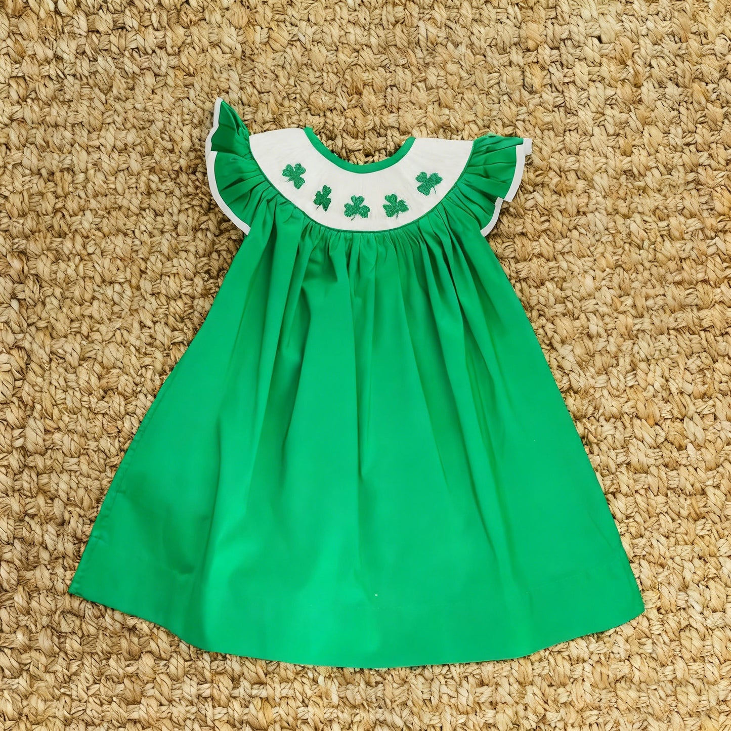 ( Moq 5 ) Preorder Baby Girls Short Sleeves Clovers St Patrick Green Knee Length Dress