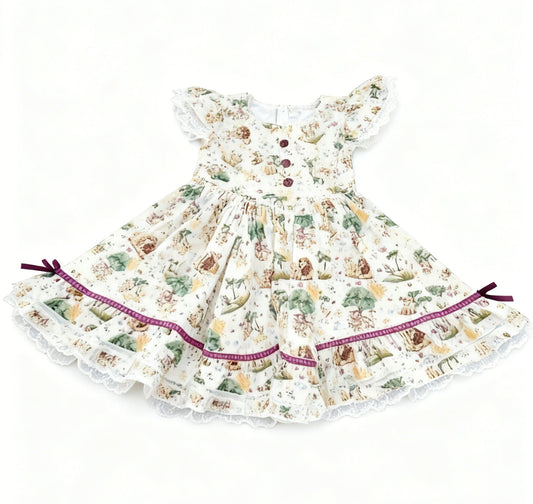 ( Moq 5 ) Preorder Baby Girls Short Sleeves Lions Cartoon Buttons Ruffle Knee Length Dress