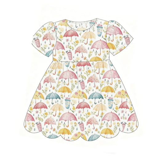 ( Moq 5 ) Preorder Baby Girls Short Sleeves Flowers Umbrellas Knee Length Dress