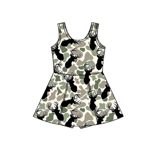 ( Moq 5 ) Preorder Baby Girls Sleeveless Deer Green Camo Hunting Shorts Yoga Dress