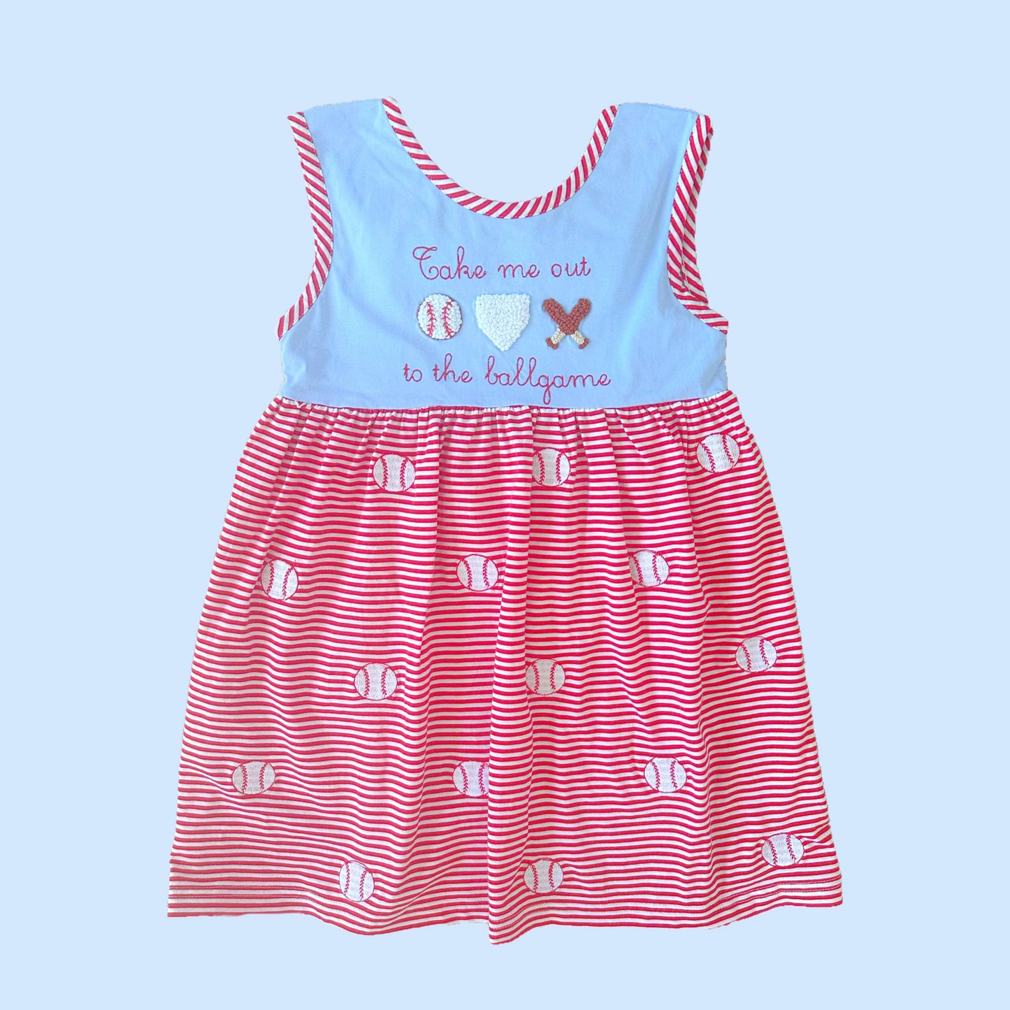 ( Moq 5 ) Preorder Baby Girls Sleeveless Baseballs Red Stripes Knee Length Dress