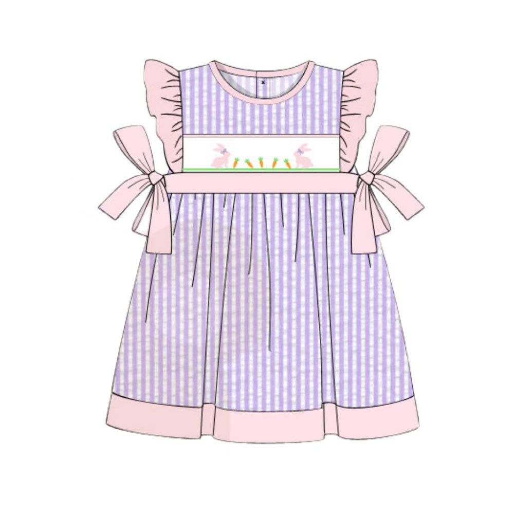 ( Moq 5 ) Preorder Baby Girls Short Sleeves Purple Stripes Rabbits Carrots Bows Knee Length Dress