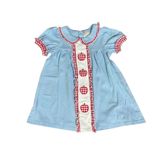 ( Moq 5 ) Preorder Baby Girls Short Sleeves Apple Back to School Blue Knee Length Dress