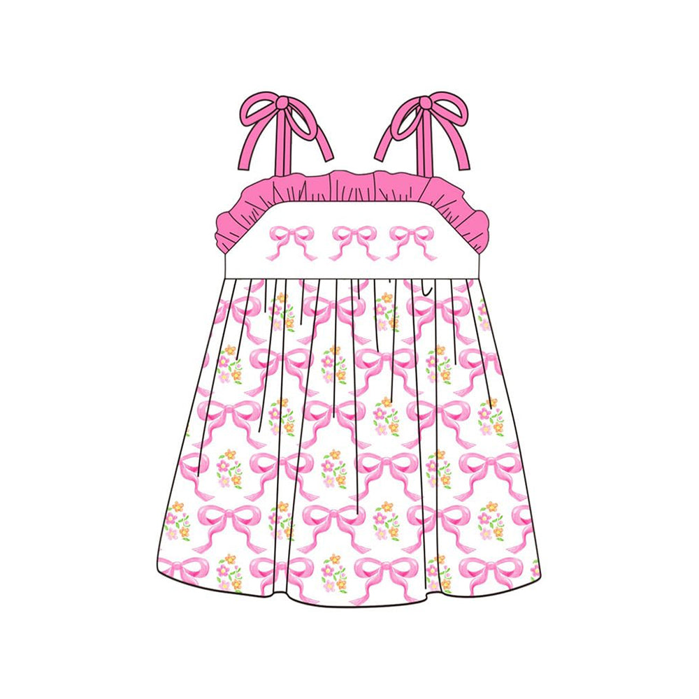( Moq 5 ) Preorder Baby Girls Pink Straps Bows Floral Knee Length Dress