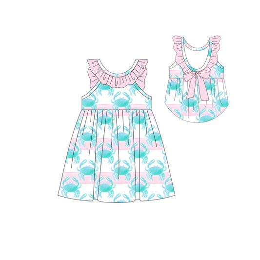( Moq 5 ) Preorder Baby Girls Kids Sleeveless Crabs Bow Ruffle Knee Length Dress