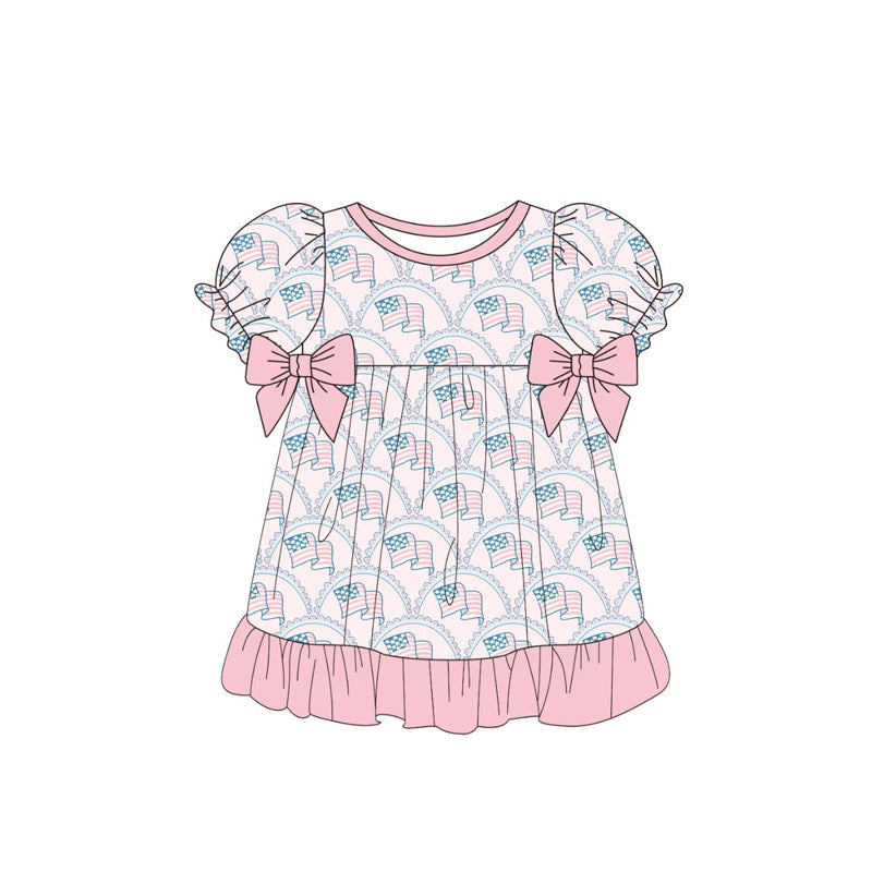 ( Moq 5 ) Preorder Baby Girls Kids Short Sleeves Bows Flags 4th of July Knee Length Dress