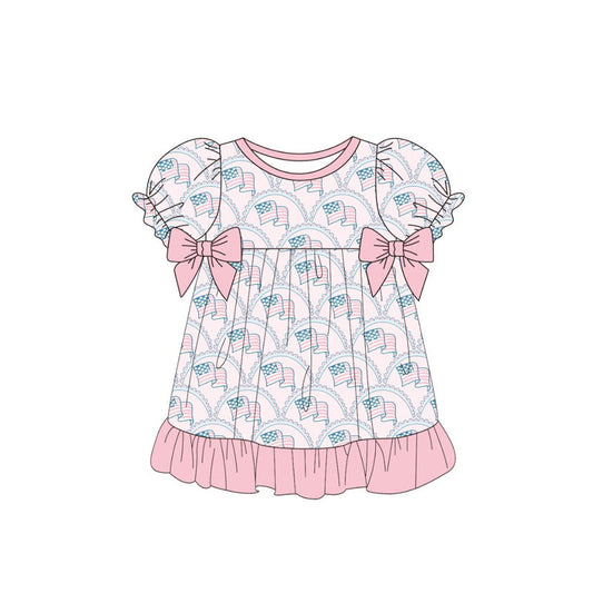 ( Moq 5 ) Preorder Baby Girls Kids Short Sleeves Bows Flags 4th of July Knee Length Dress