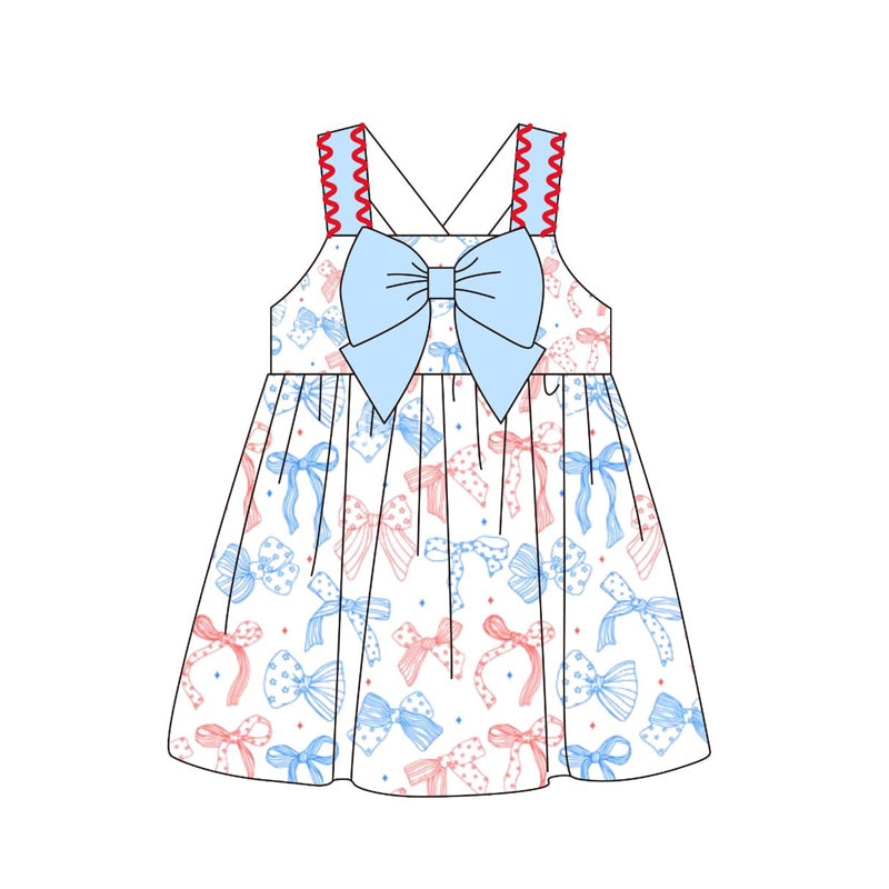 ( Moq 5 ) Preorder Baby Girls Kids Straps Bows Stars 4th of July Knee Length Dress