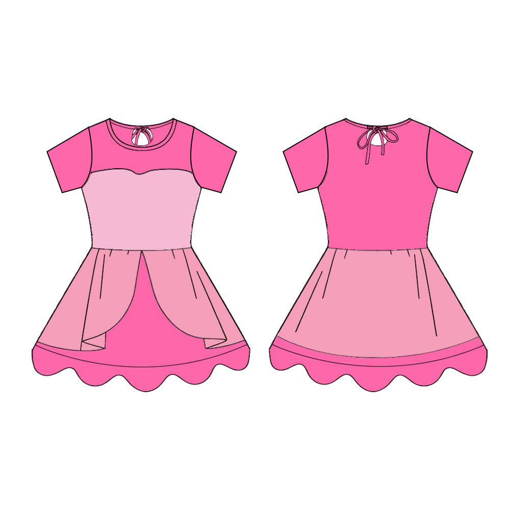 ( Moq 5 ) Preorder Baby Girls Kids Short Sleeves Princess Ruffle Knee Length Yoga Pink Dress