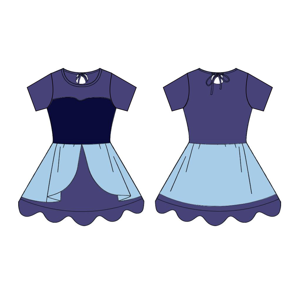 ( Moq 5 ) Preorder Baby Girls Kids Short Sleeves Princess Ruffle Knee Length Yoga Blue Dress