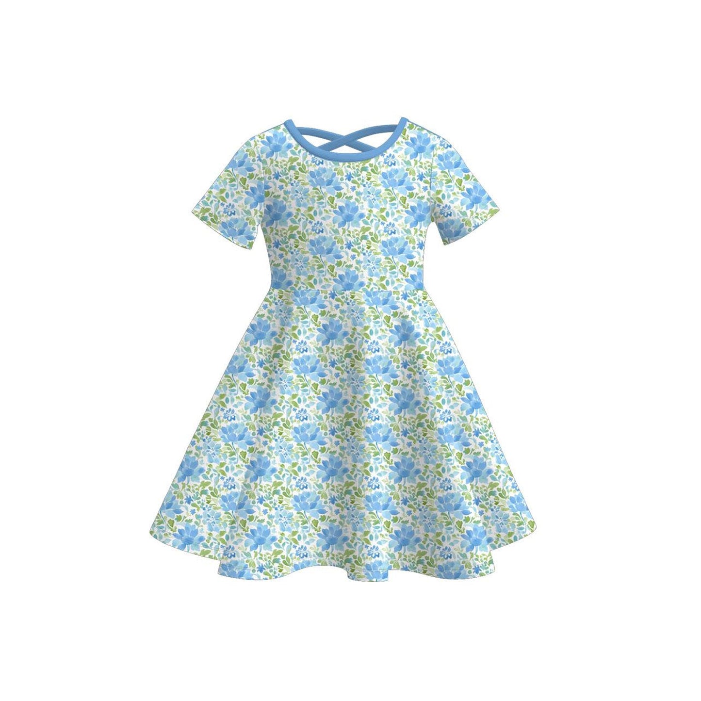( Moq 5 ) Preorder Baby Girls Kids Short Sleeves Blue Flower Knee Length Dress