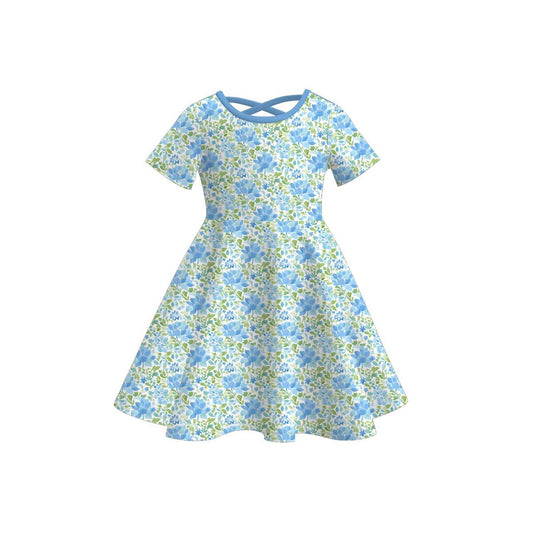 ( Moq 5 ) Preorder Baby Girls Kids Short Sleeves Blue Flower Knee Length Dress