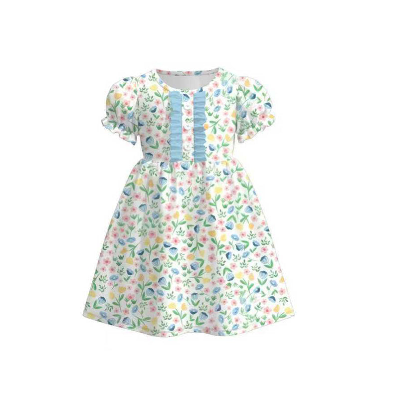 ( Moq 5 ) Preorder Baby Girls Short Sleeves Blue Ruffle Buttons Floral Knee Length Dress