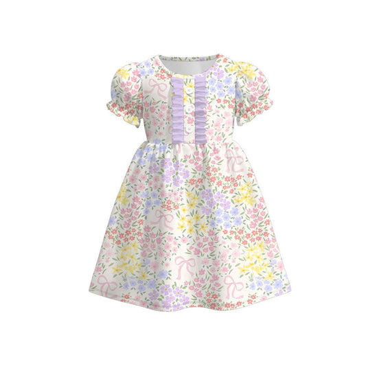 ( Moq 5 ) Preorder Baby Girls Short Sleeves Lavender Ruffle Floral Bows Knee Length Dress