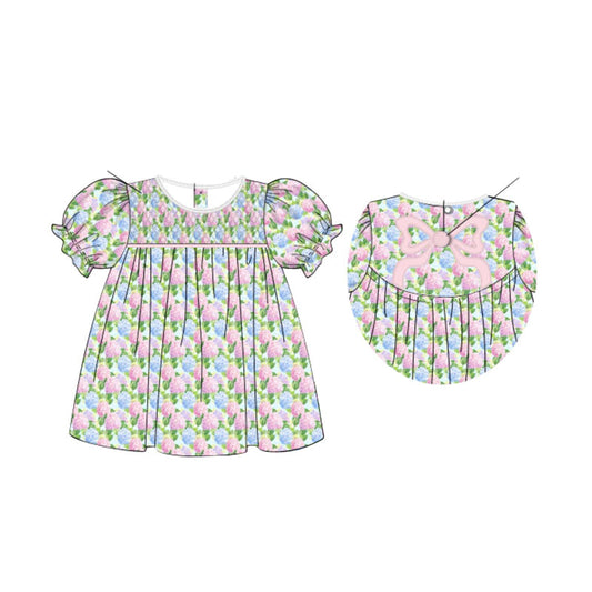 ( Moq 5 ) Preorder Baby Girls Kids Short Sleeves Flowers Bow Knee Length Dress