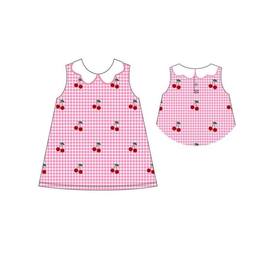 ( Moq 5 ) Preorder Baby Girls Sleeveless Cherry Pink Plaid Knee Length Dress