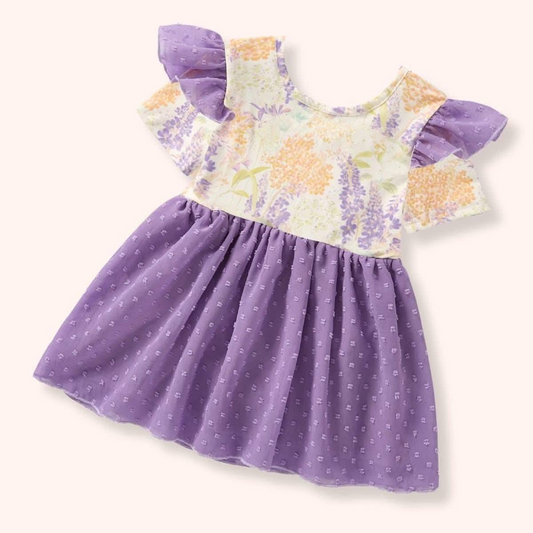 ( Moq 5 ) Preorder Baby Girls Short Sleeves Floral Purple Tulle Knee Length Dress