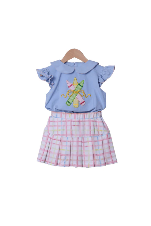 ( Moq 5 ) Preorder Baby Girls Blue Short Sleeves Pencil Bows Plaid Skirt Back to School Clothes Set