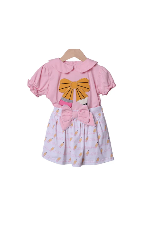 ( Moq 5 ) Preorder Baby Girls Pink Short Sleeves Pencil Bows Plaid Skirt Back to School Clothes Set