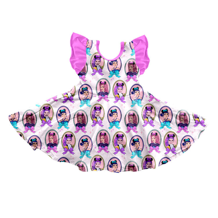 ( Moq 5 ) Preorder Baby Girls Pink Short Sleeves Music Character Bows Twirl Knee Length Dress