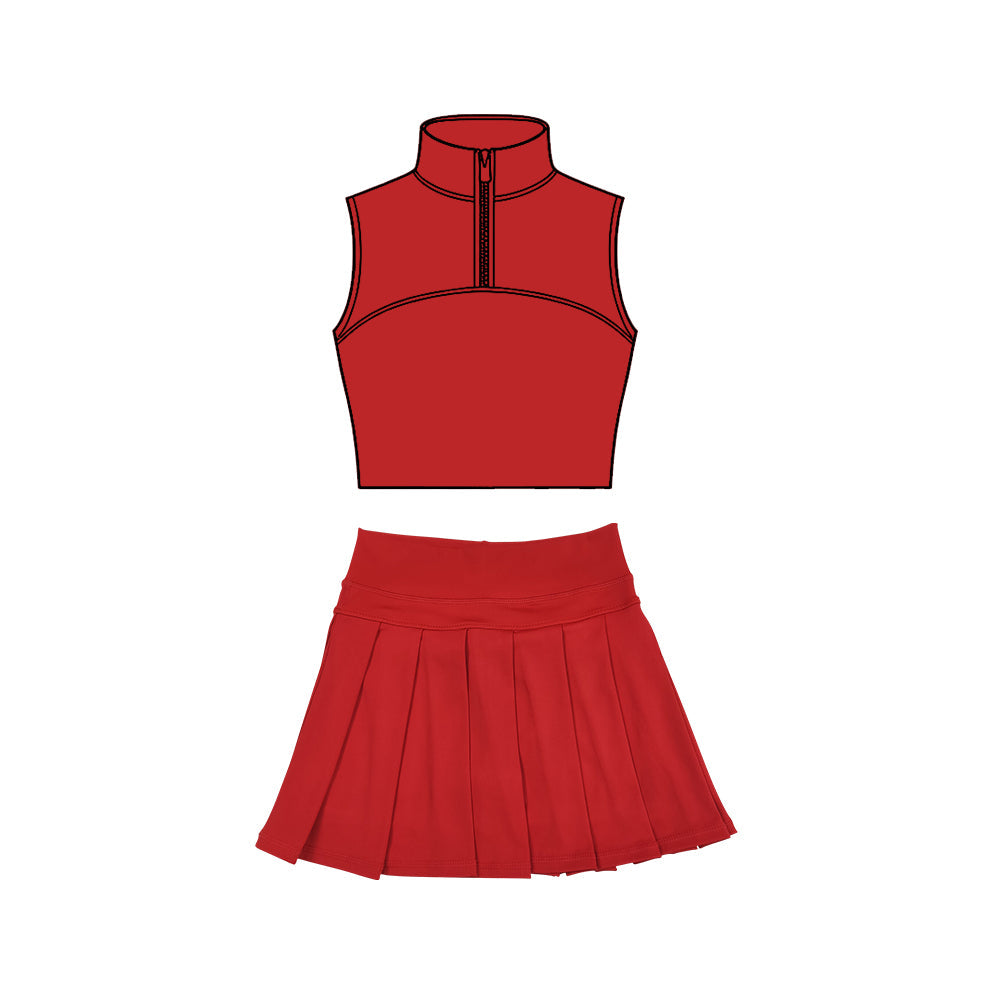 ( Moq 5 ) Preorder Baby Girls Red Sleeveless Zipper Tank Tops Skirt Shorts Yoga Clothes Set