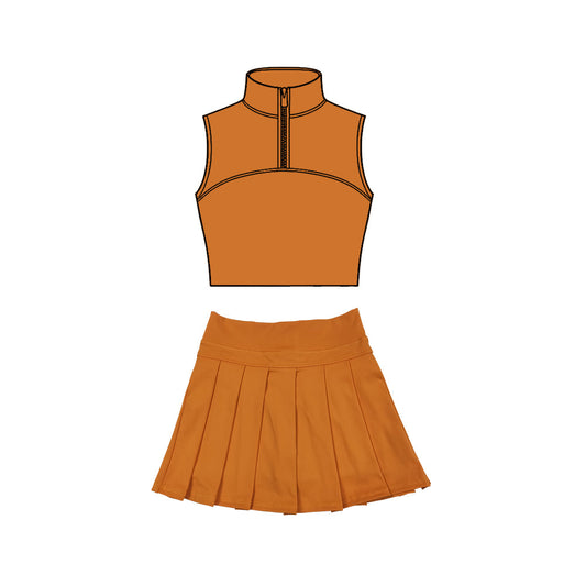 ( Moq 5 ) Preorder Baby Girls Orange Sleeveless Zipper Tank Tops Skirt Shorts Yoga Clothes Set
