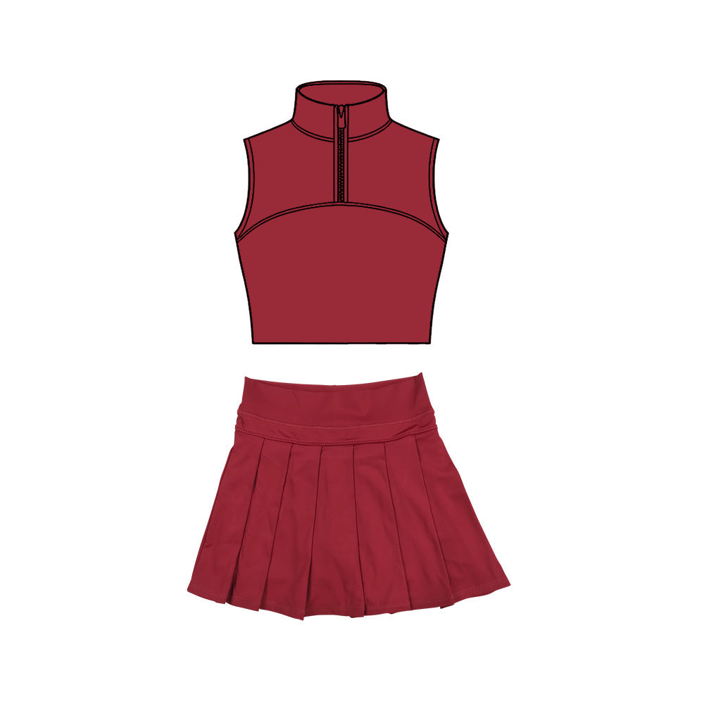 ( Moq 5 ) Preorder Baby Girls Sleeveless Zipper Tank Tops Dark Red Skirt Shorts Yoga Set