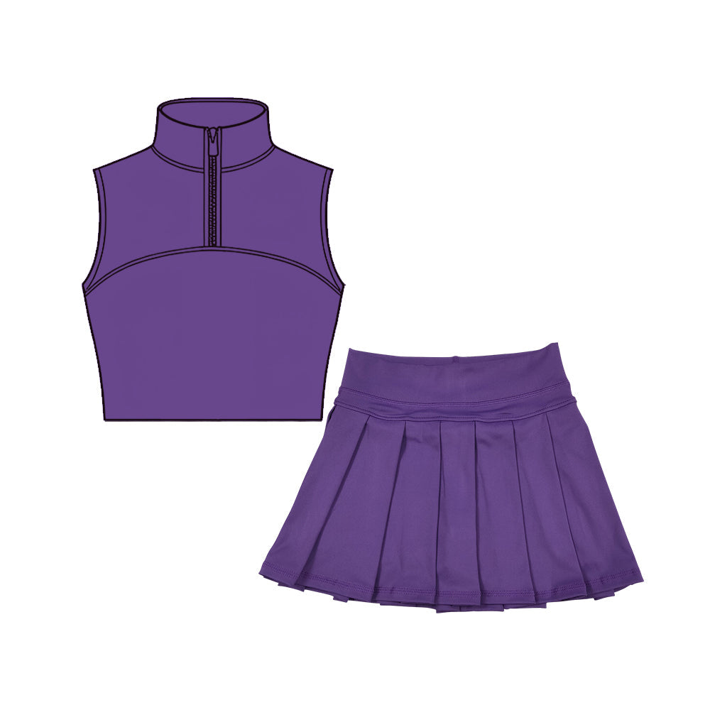 ( Moq 5 ) Preorder Baby Girls Sleeveless Zipper Purple Tank Tops Skirt Shorts Yoga Clothes Set