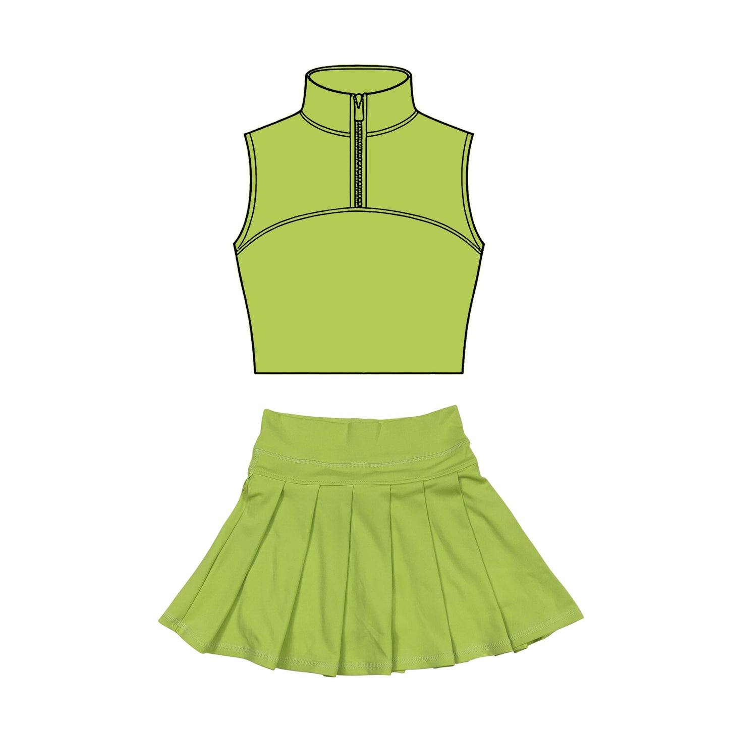 ( Moq 5 ) Preorder Baby Girls Green Sleeveless Zipper Tank Tops Skirt Shorts Yoga Clothes Set