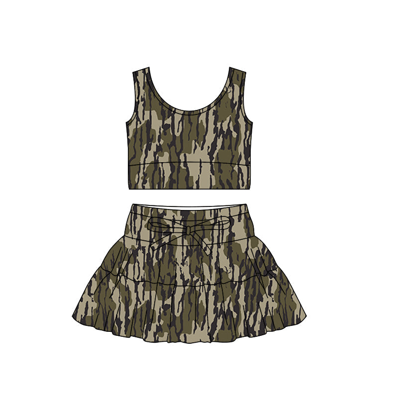( Moq 5 ) Preorder Baby Girls Sleeveless Camo Tops Ruffle Skirt Shorts Yoga Set