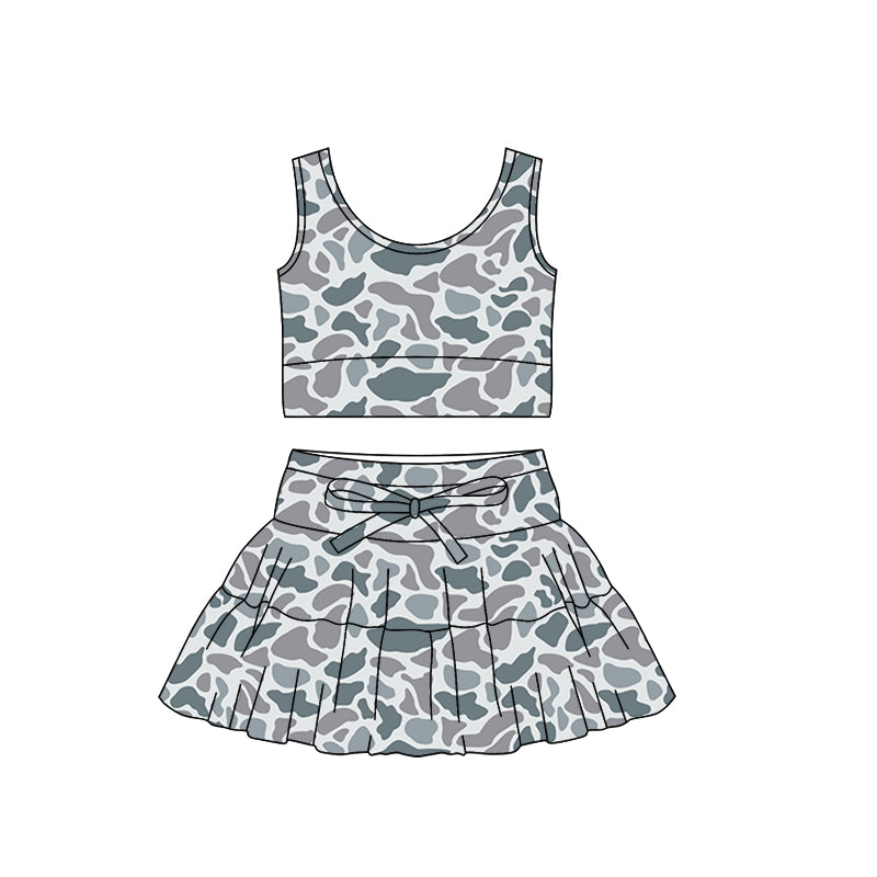 ( Moq 5 ) Preorder Baby Girls Sleeveless Grey Camo Tops Ruffle Skirt Shorts Yoga Set