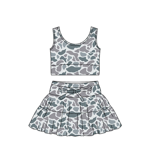 ( Moq 5 ) Preorder Baby Girls Sleeveless Grey Camo Tops Ruffle Skirt Shorts Yoga Set
