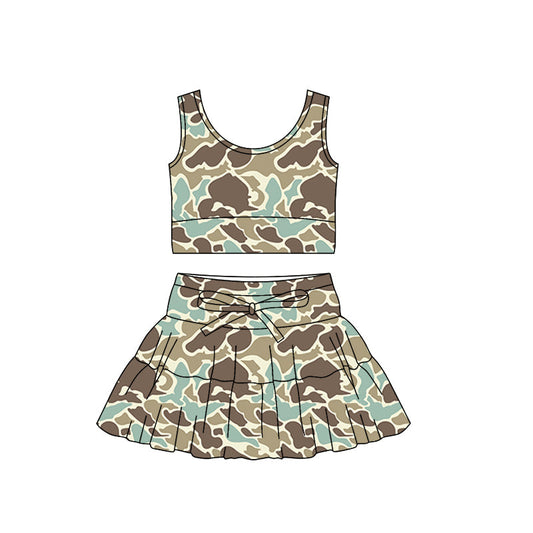( Moq 5 ) Preorder Baby Girls Sleeveless Green Camo Tops Ruffle Skirt Shorts Yoga Set