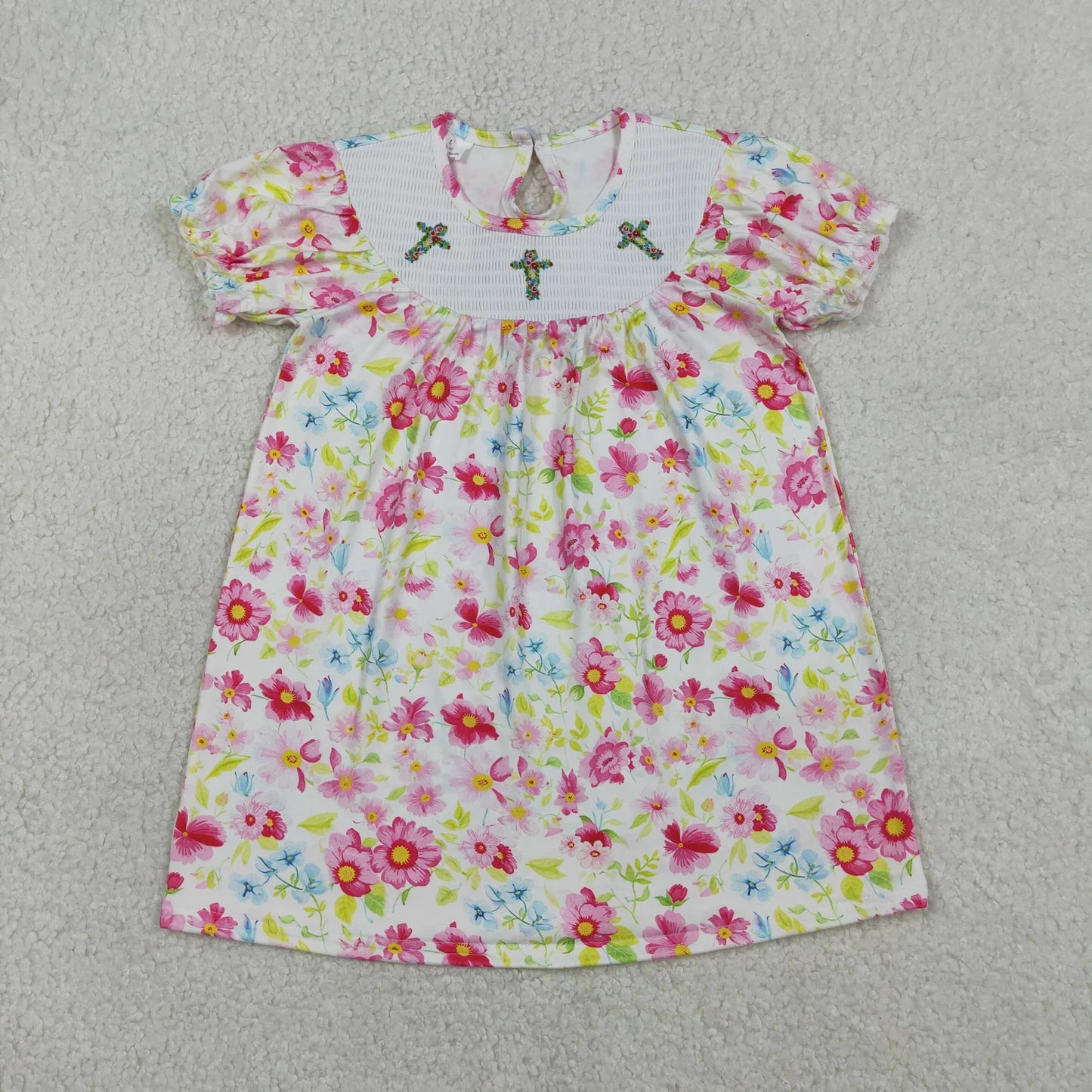 Sibling Baby Girls Kids Short Sleeves Embroidery Crosses Flower Easter Knee Length Dresses RTS