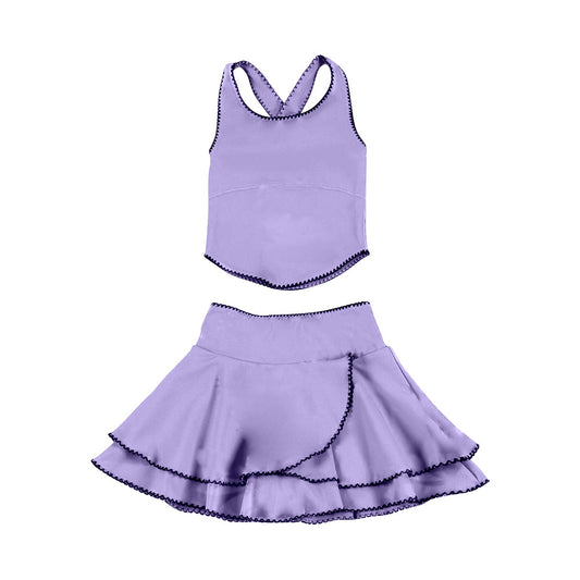 ( Moq 5 ) Preorder Baby Girls Purple Straps Tops Ruffle Skirt Shorts Yoga Clothes Set