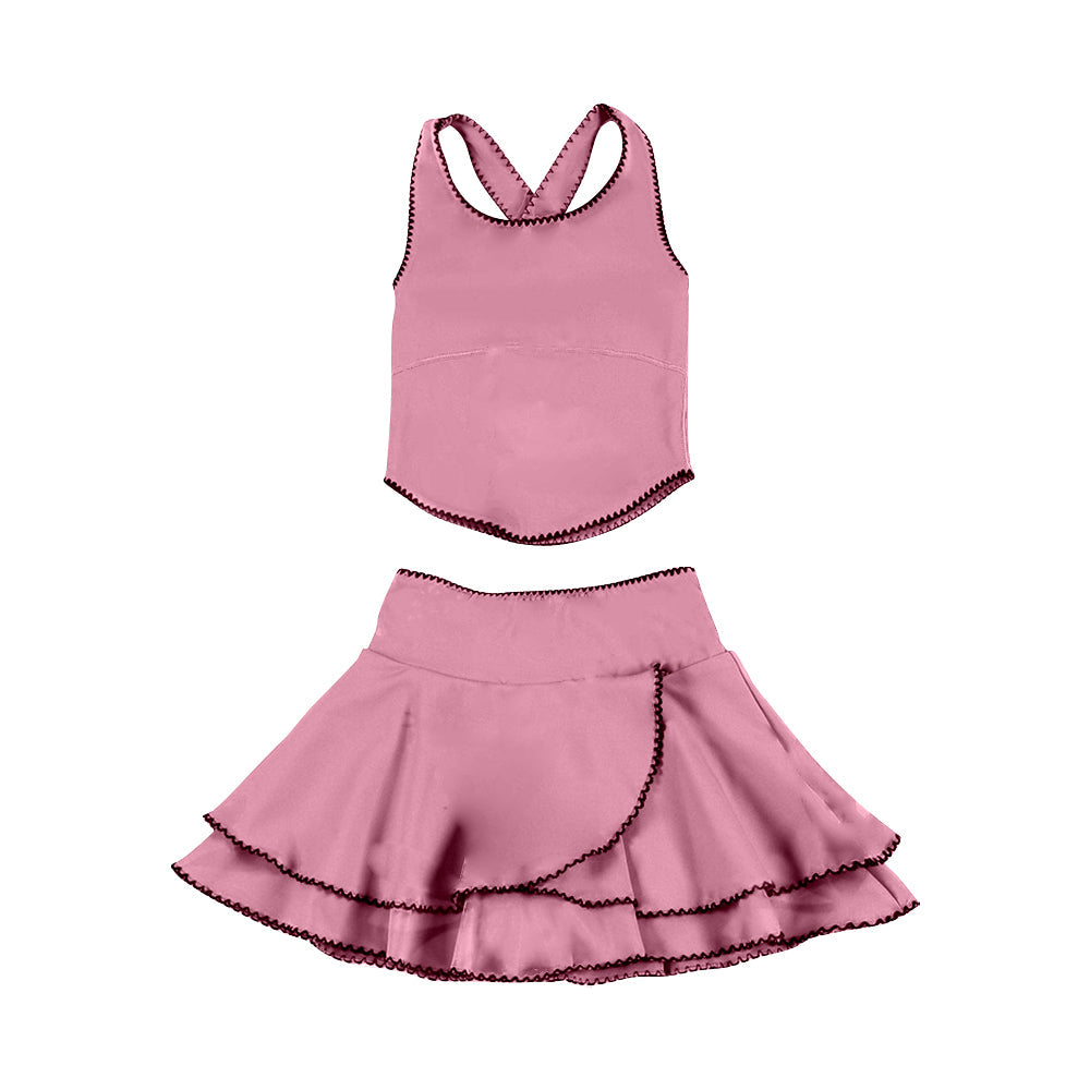 ( Moq 5 ) Preorder Baby Girls Pink Straps Tops Ruffle Skirt Shorts Yoga Clothes Set