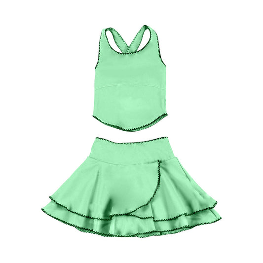 ( Moq 5 ) Preorder Baby Girls Green Straps Tops Ruffle Skirt Shorts Yoga Clothes Set