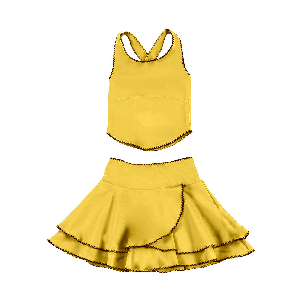 ( Moq 5 ) Preorder Baby Girls Yellow Straps Tops Ruffle Skirt Shorts Yoga Clothes Set