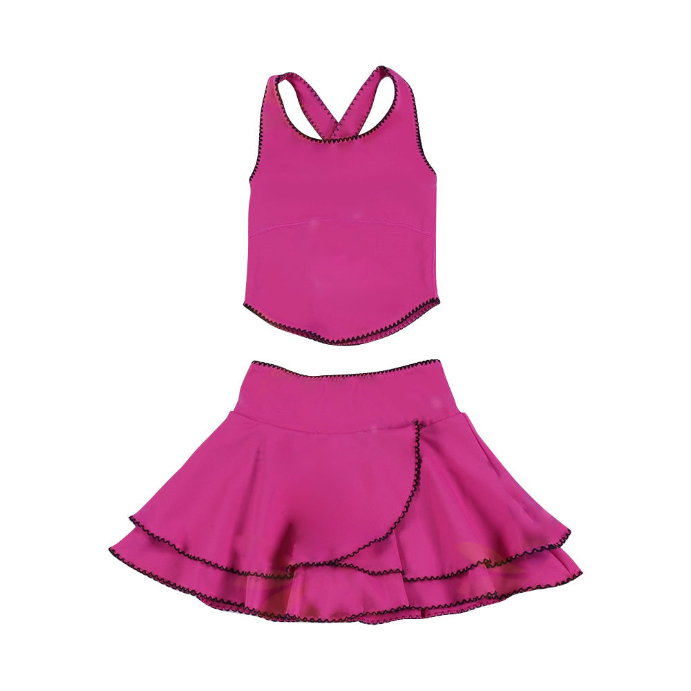 ( Moq 5 ) Preorder Baby Girls Purple Straps Tops Ruffle Skirt Shorts Yoga Hot Pink Clothes Set