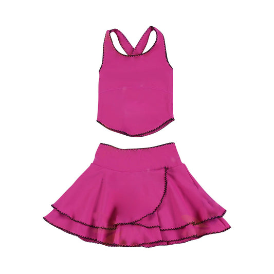 ( Moq 5 ) Preorder Baby Girls Purple Straps Tops Ruffle Skirt Shorts Yoga Hot Pink Clothes Set