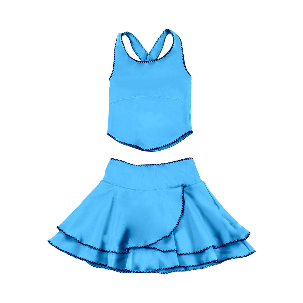 ( Moq 5 ) Preorder Baby Girls Straps Tops Ruffle Skirt Shorts Yoga Blue Clothes Set