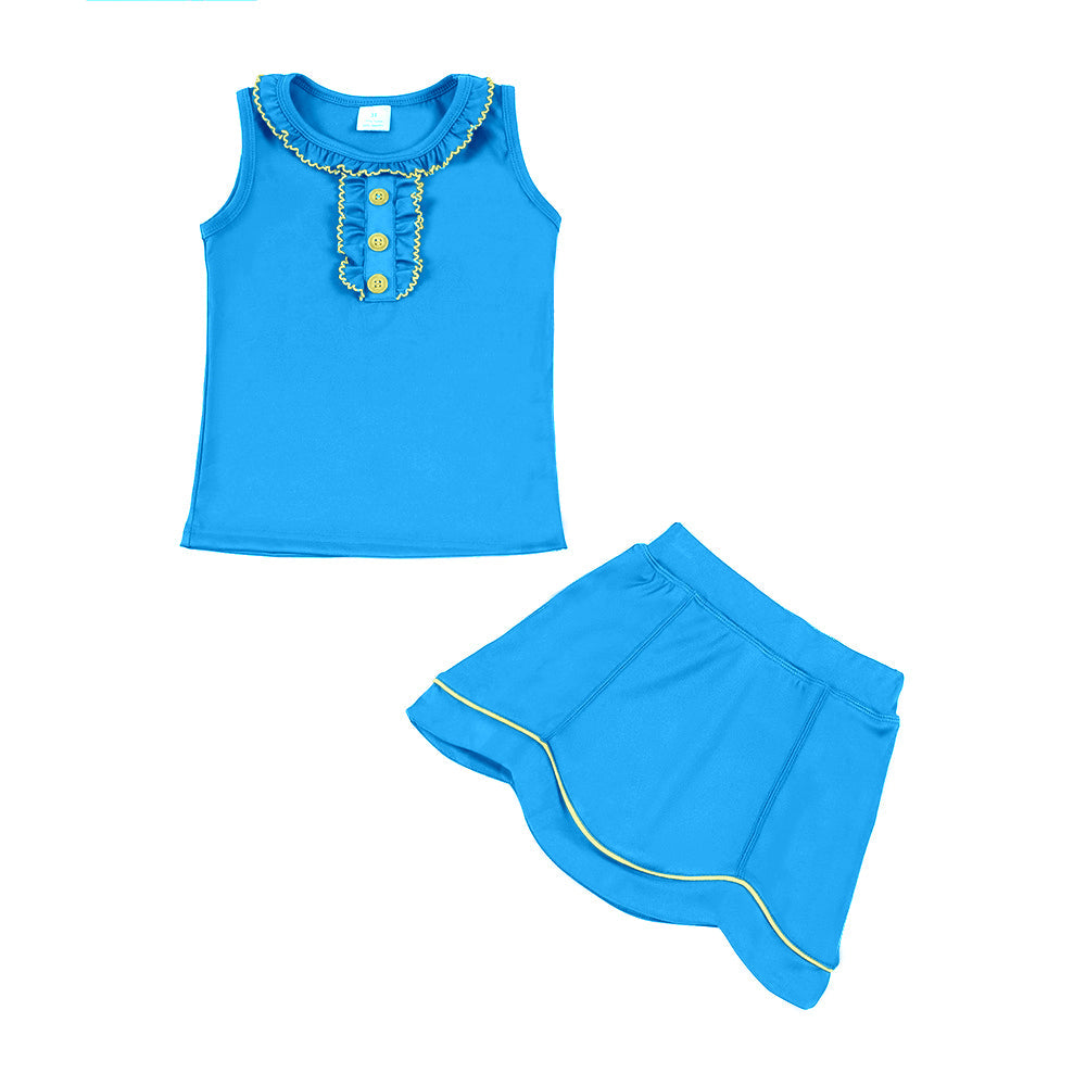 ( Moq 5 ) Preorder Baby Girls Blue Sleeveless Buttons Ruffle Tops Skirt Shorts Yoga Blue Clothes Set