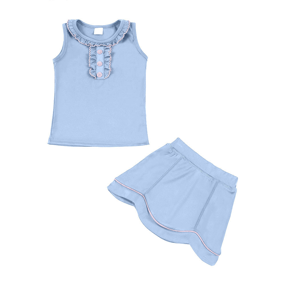 ( Moq 5 ) Preorder Baby Girls Blue Sleeveless Buttons Ruffle Tops Skirt Shorts Yoga Clothes Set