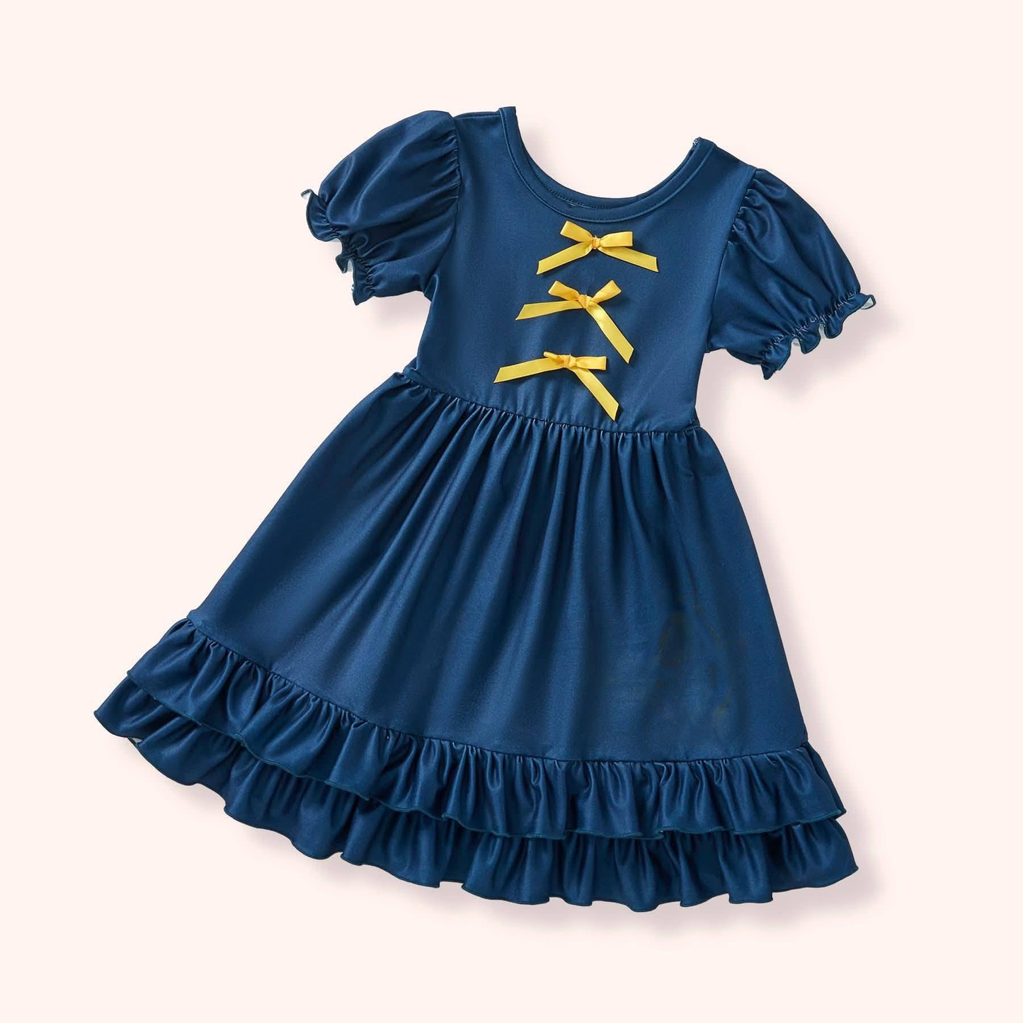 ( Moq 5 ) Preorder Baby Girls Blue Short Sleeves Bows Ruffle Knee Length Dress