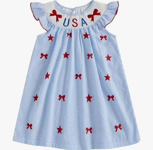 ( Moq 5 ) Preorder Baby Girls Short Sleeves Bows Stars USA 4th of July Knee Length Dress