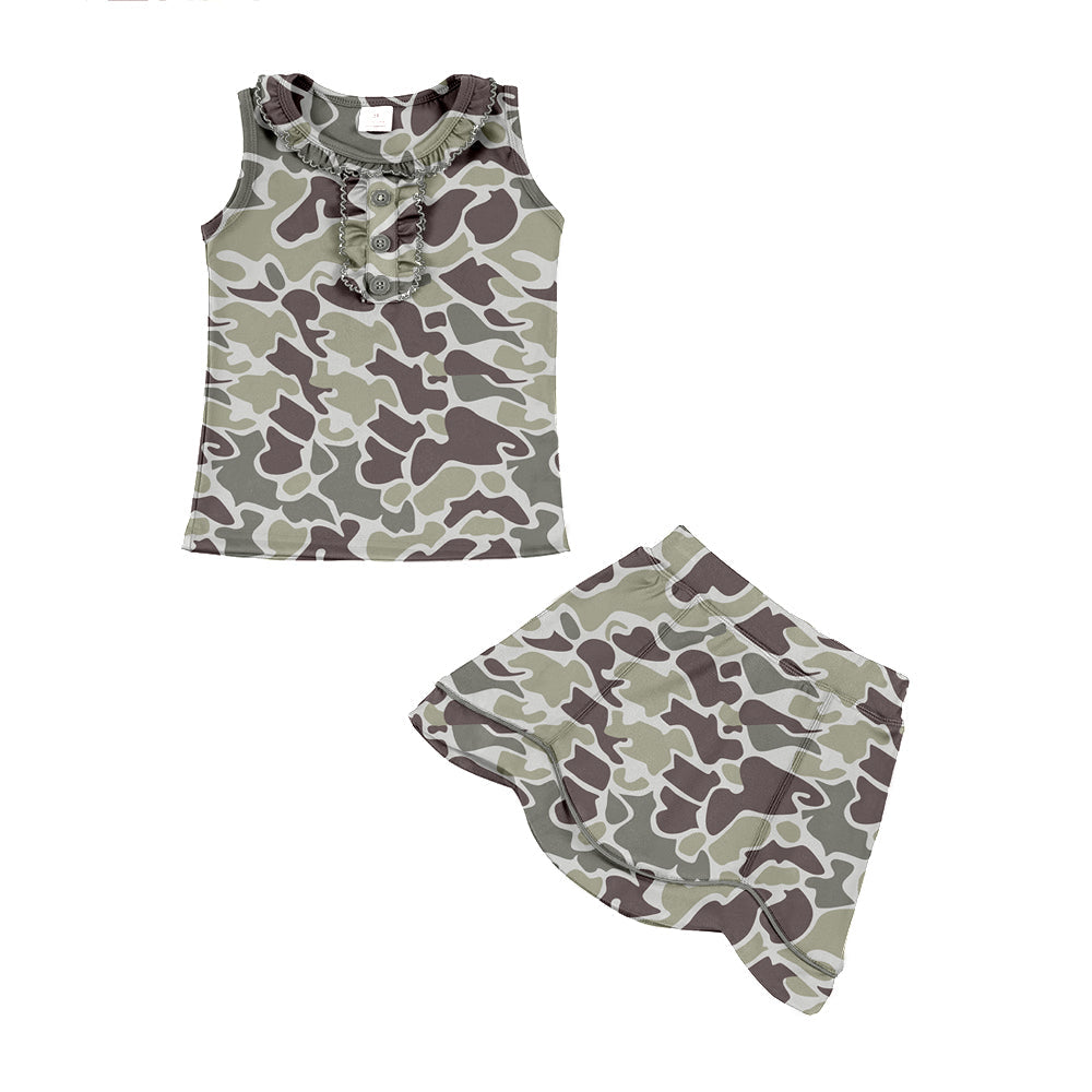 ( Moq 5 ) Preorder Baby Girls Dark Grey Camo Buttons Tops Skirt Shorts Hunting Yoga Clothes Set