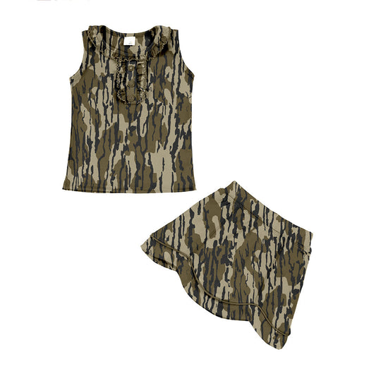 ( Moq 5 ) Preorder Baby Girls Sleeveless Camo Buttons Tops Skirt Shorts Hunting Yoga Clothes Set